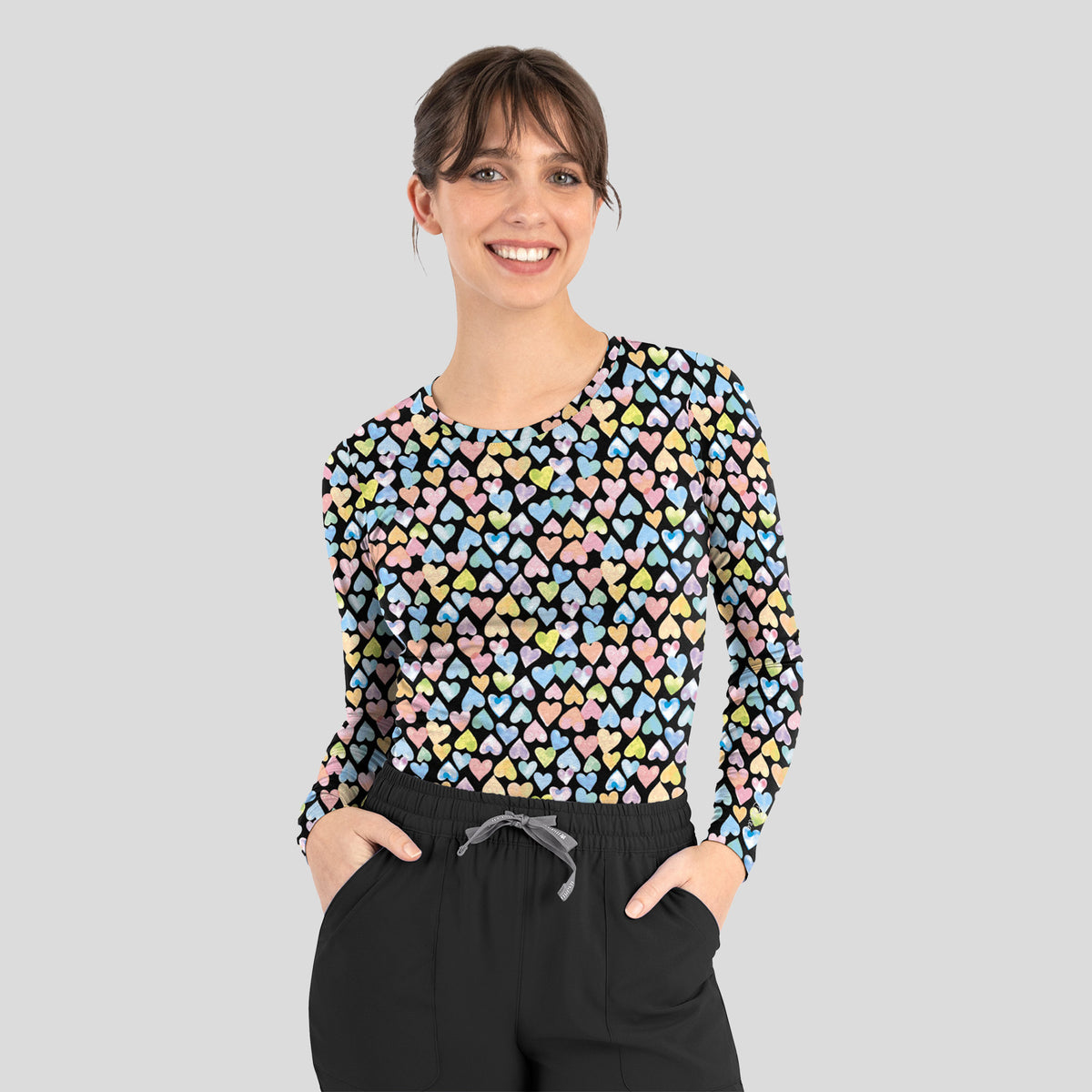 Women's Basic Long Sleeve Under Scrub Tee | Midnight Hearts